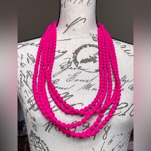Retro Vibrant Hot Pink Magenta Fabric Beaded Layered Necklace